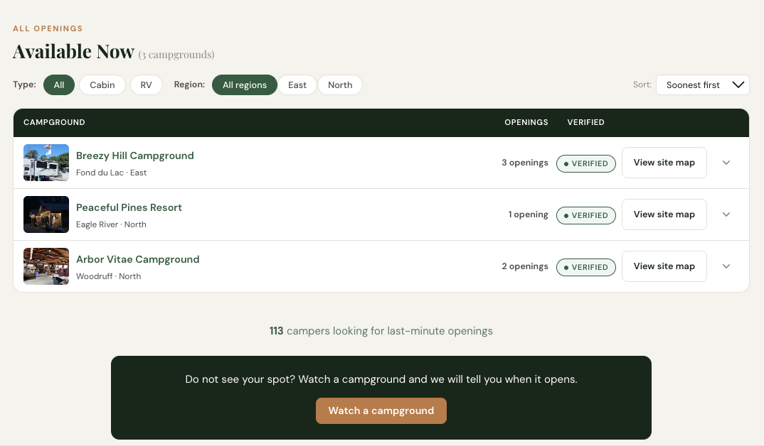 The TrustedCamp availability page showing Wisconsin campground openings
